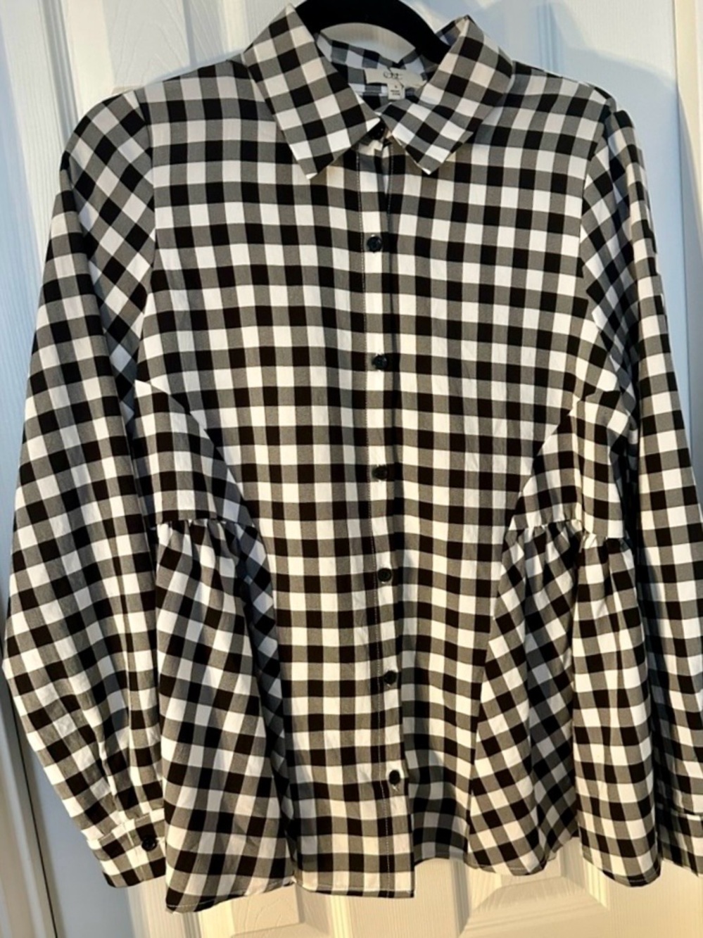NWOT Ott Black & White Checkered Button-Up Shirt with Long Sleeves & Peplum Hem